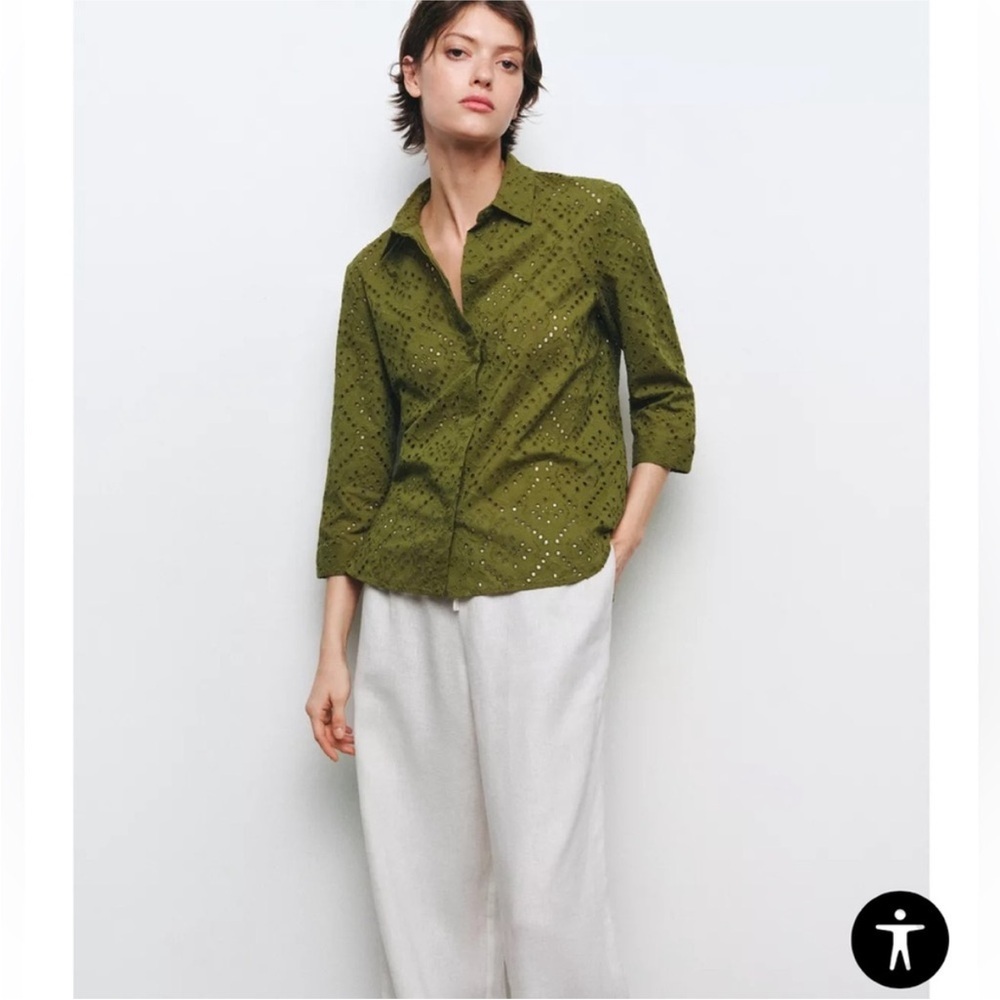 Zara Moss Green Eyelet Button-Up Shirt Size XS